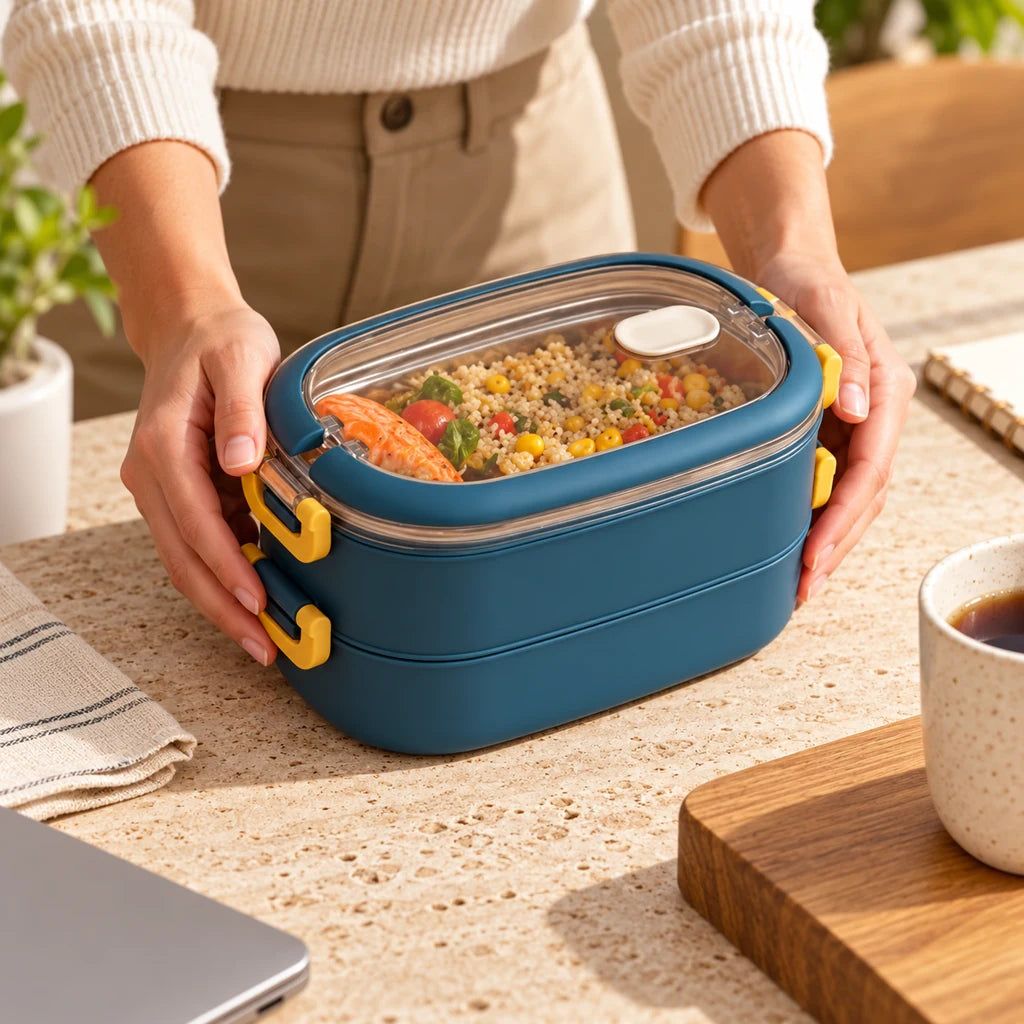 Blue 2-Tier Insulated Stainless Steel Lunch Box with Clear Lid — view 2