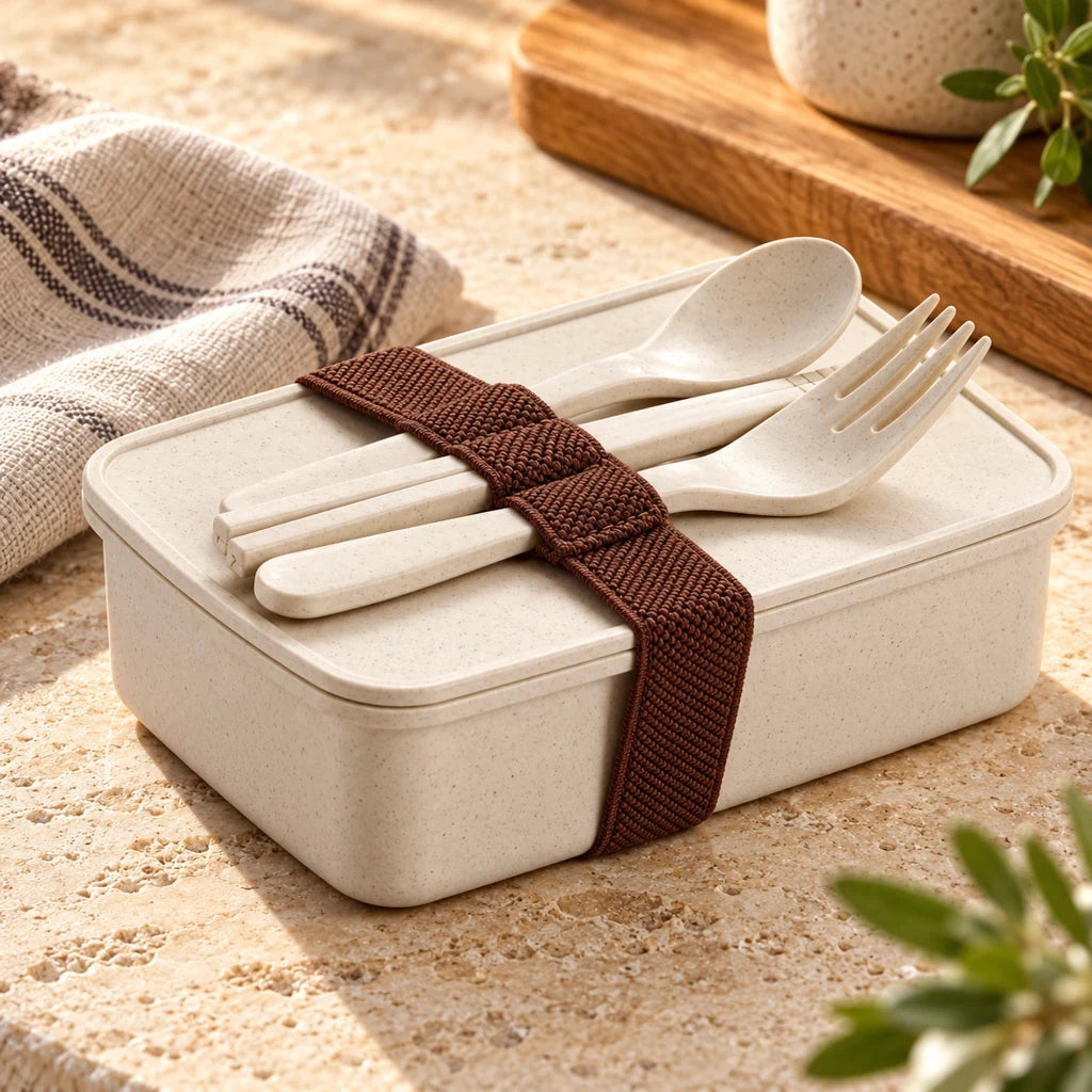Beige bamboo bento lunch box with utensils