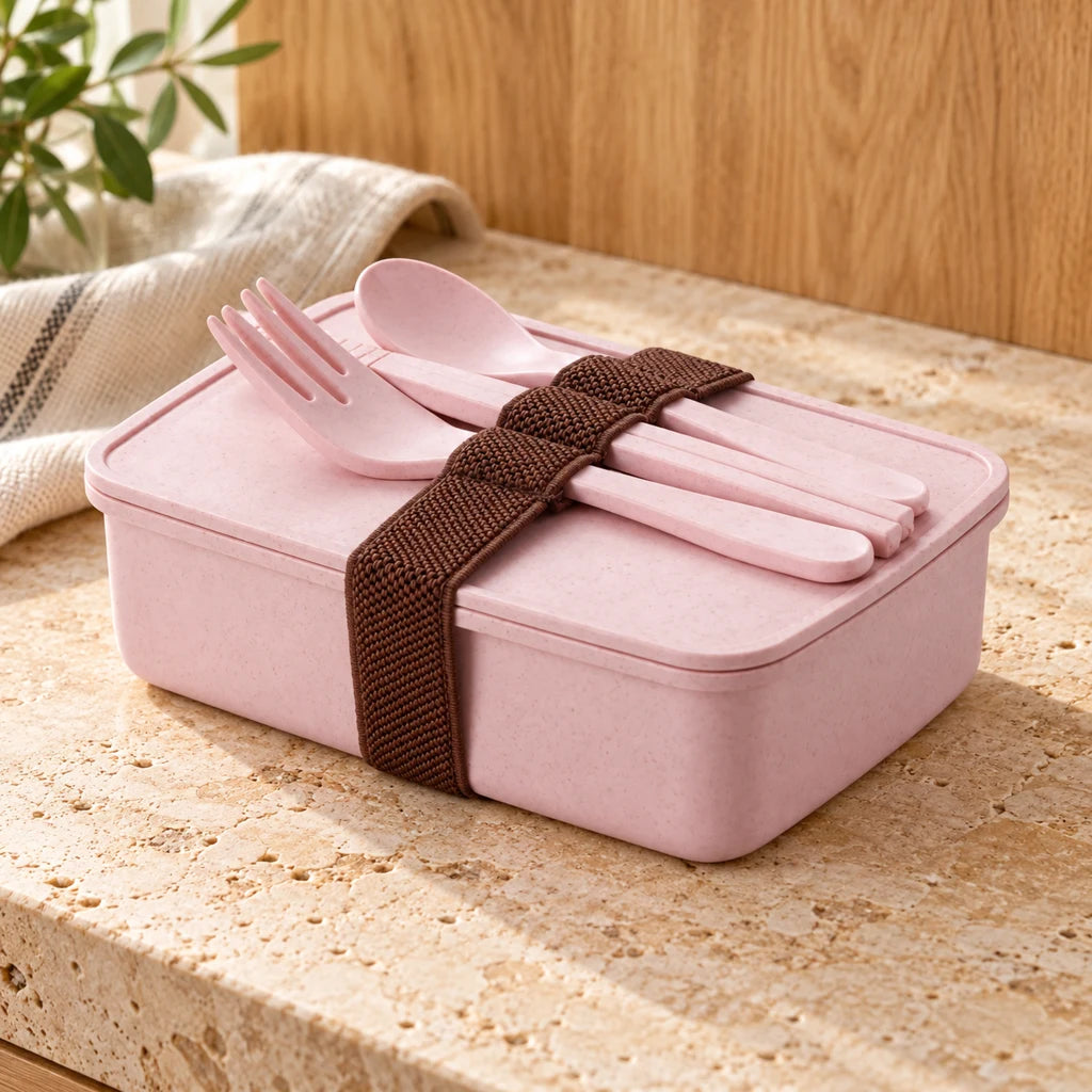 Pink bamboo bento lunch box with utensils