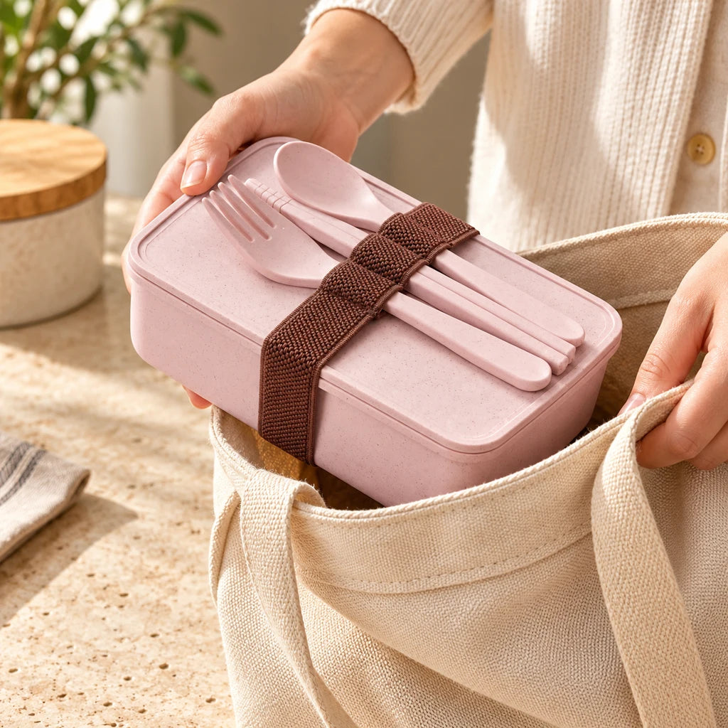 Pink bamboo bento lunch box with utensils — view 2
