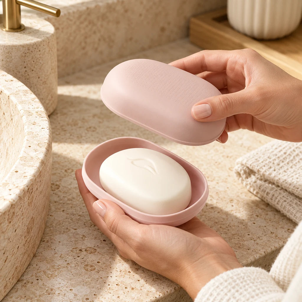 Portable plastic soap box with lid — view 2