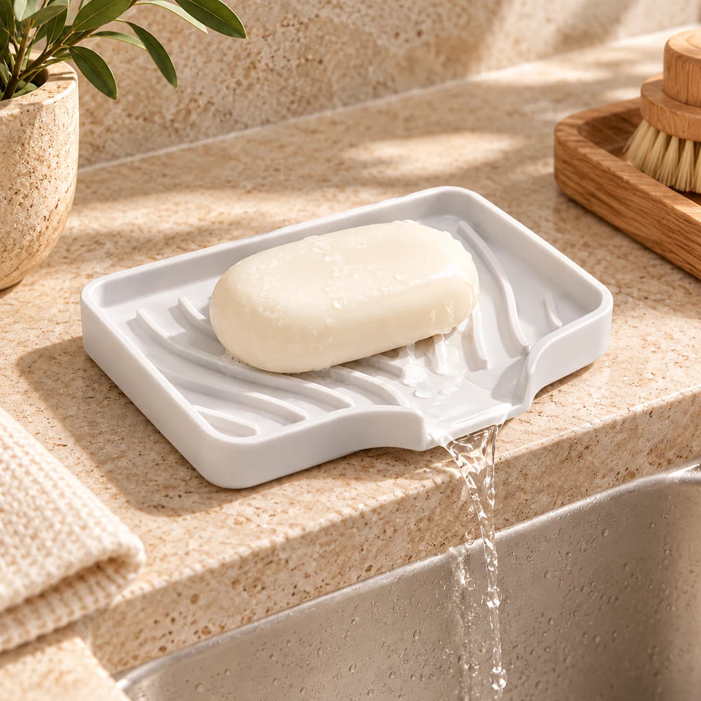 Self-draining silicone soap dish for kitchen