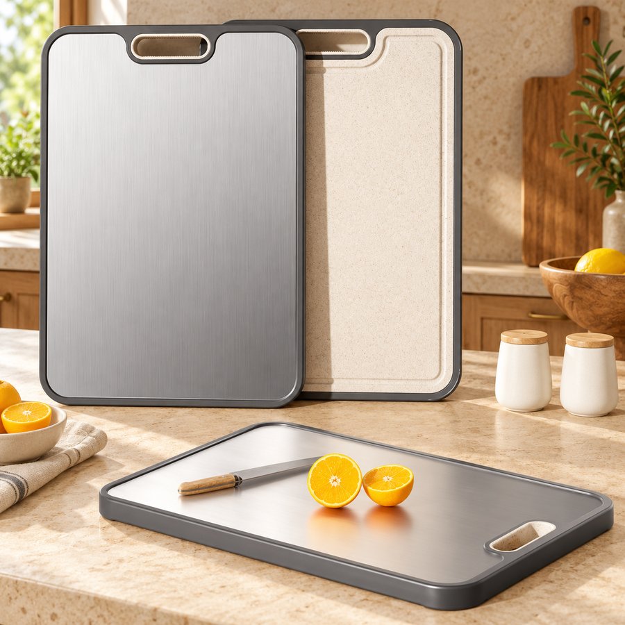Both sides of the gray-framed cutting board in a warm beige kitchen