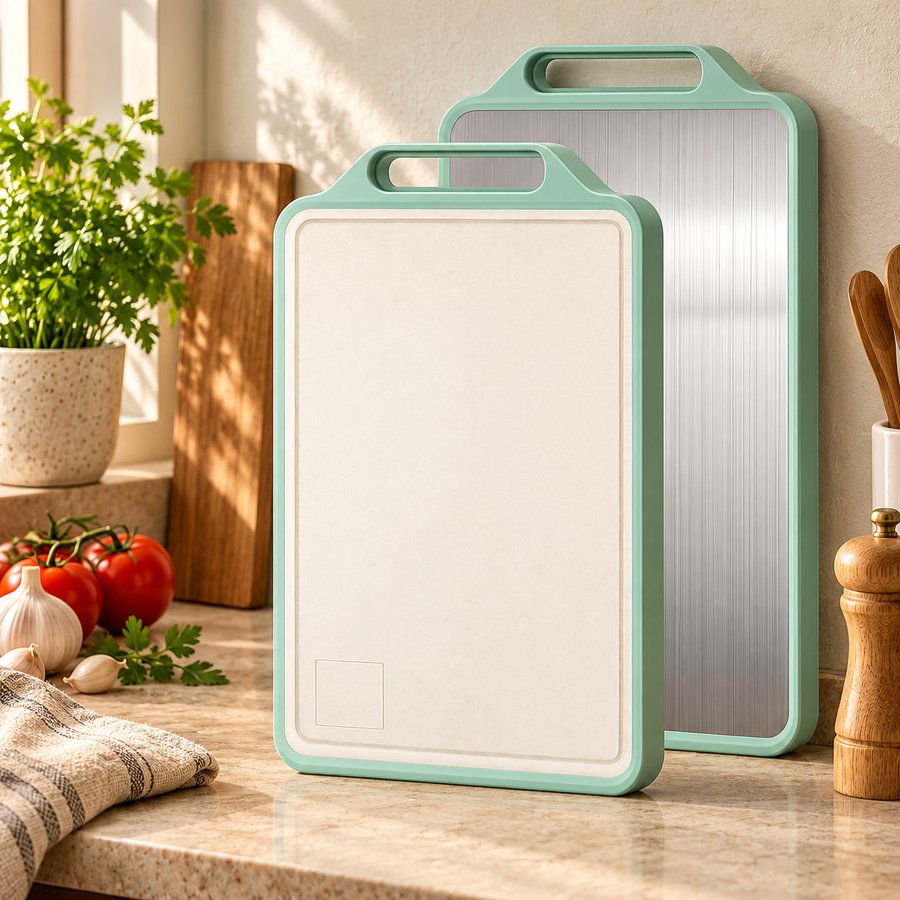 Both sides of the mint-green cutting board