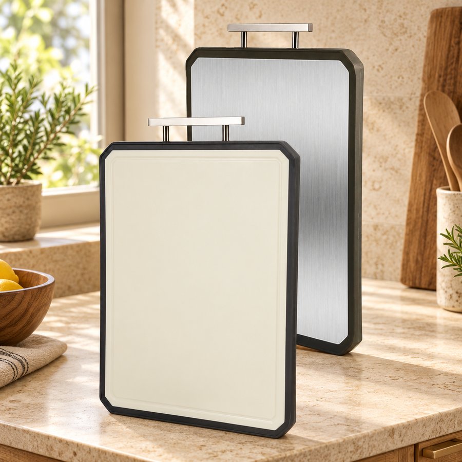 Both sides of the cutting board with an external metal handle