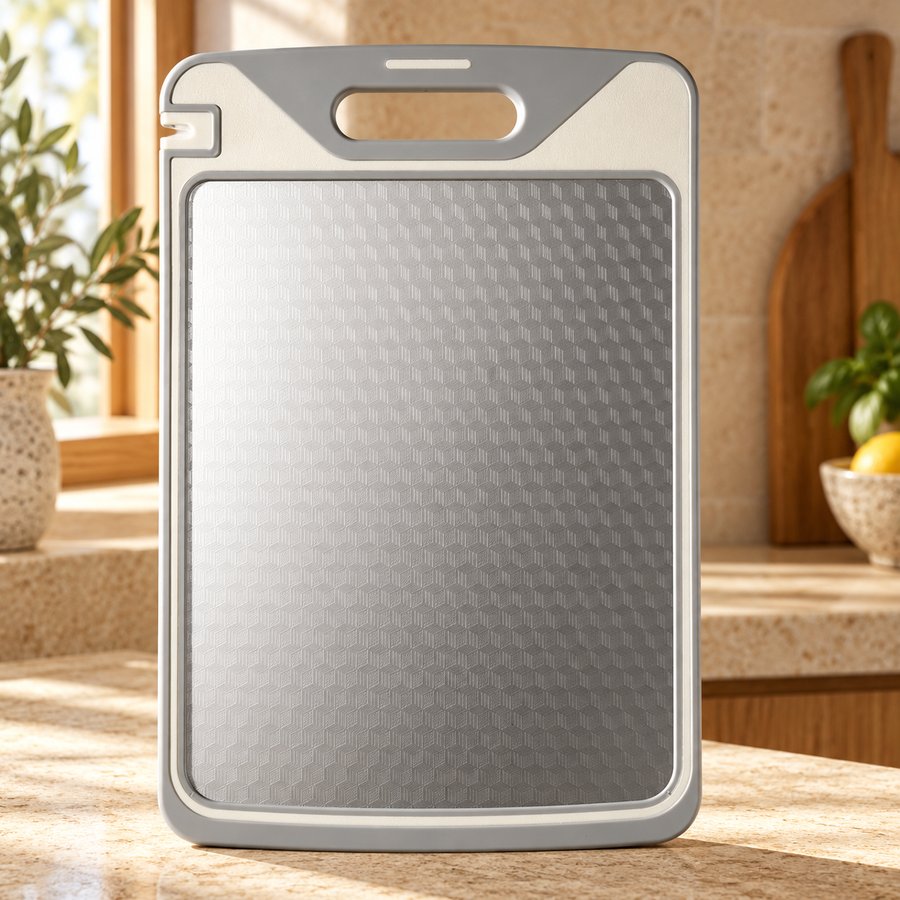 Hexagonal-pattern metal surface and gray cutting board frame