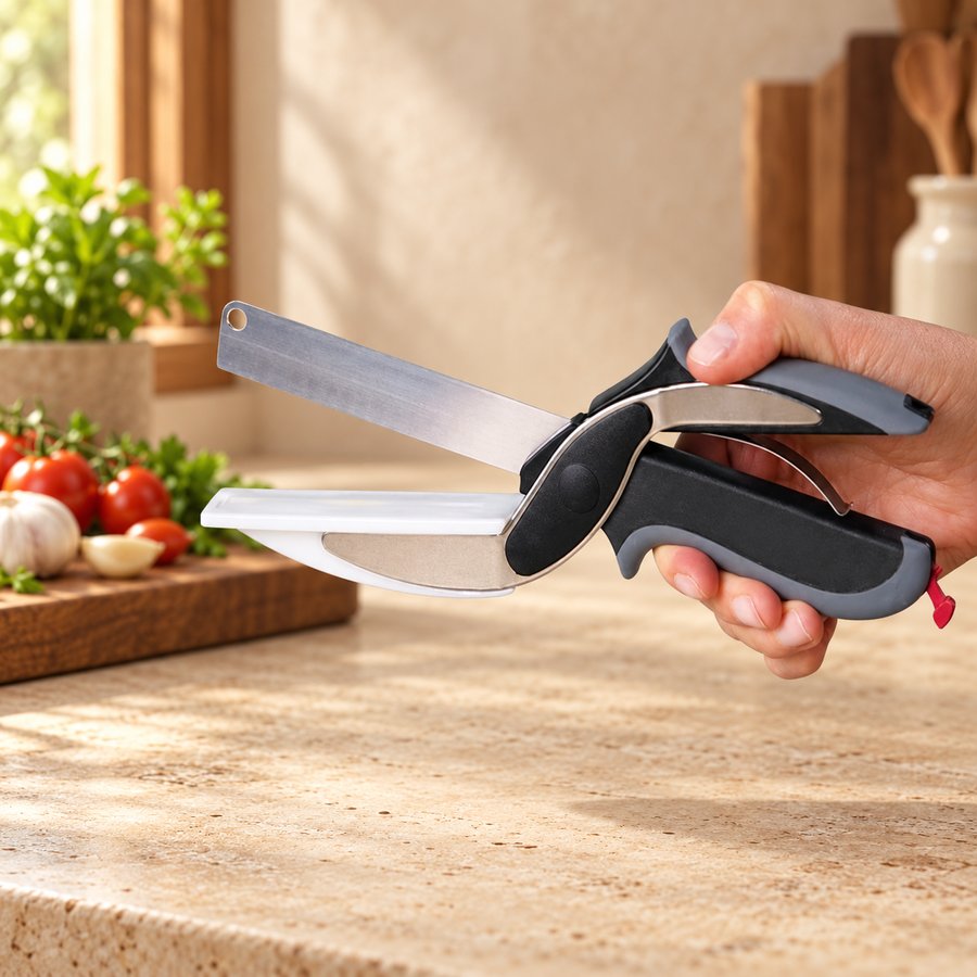Kitchen scissors with integrated small cutting board
