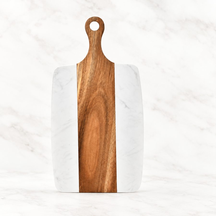 White and wood serving board with a handle
