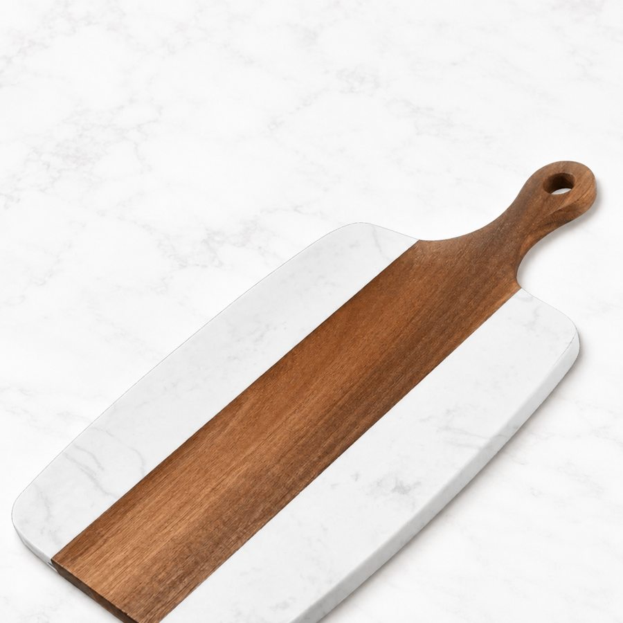 Close view of the board’s white and wood surfaces
