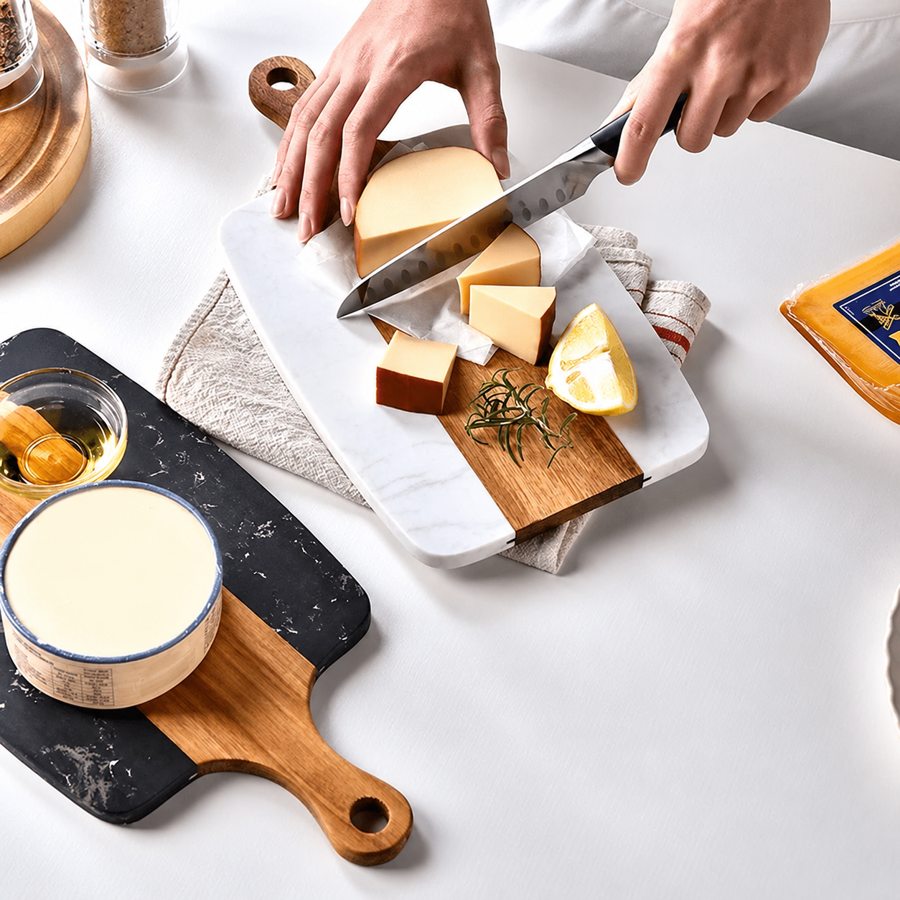 Preparing a cheese platter on the serving board
